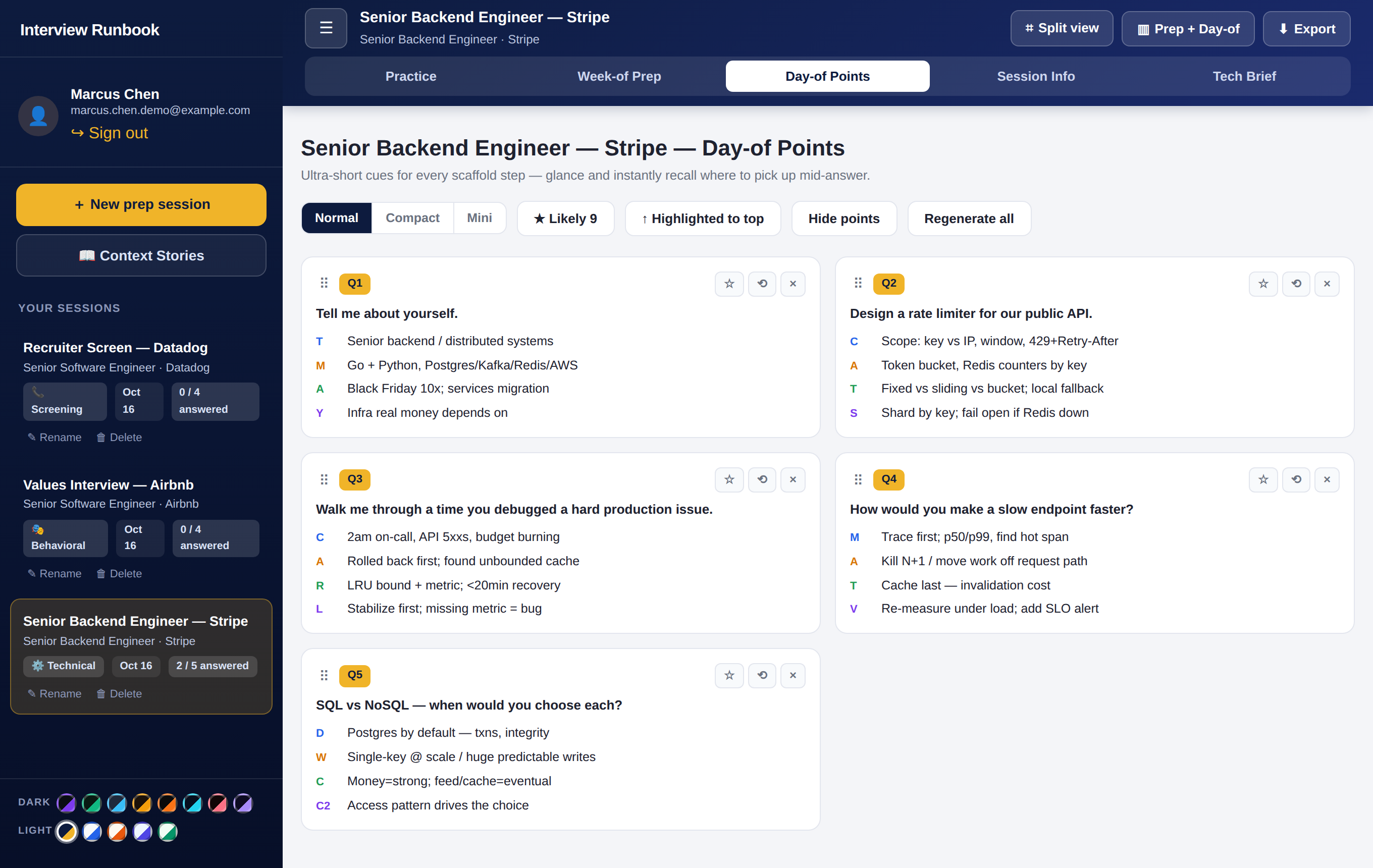 The Day-of Points page with colour-coded cue tiles for each answer
